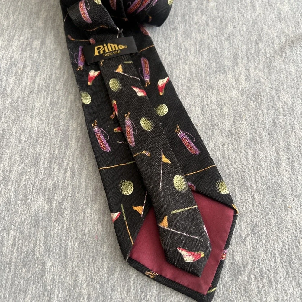 Prima Silk‎ Tie Men's Golf Balls Clubs Flags Fathers Day Black Colorful Career